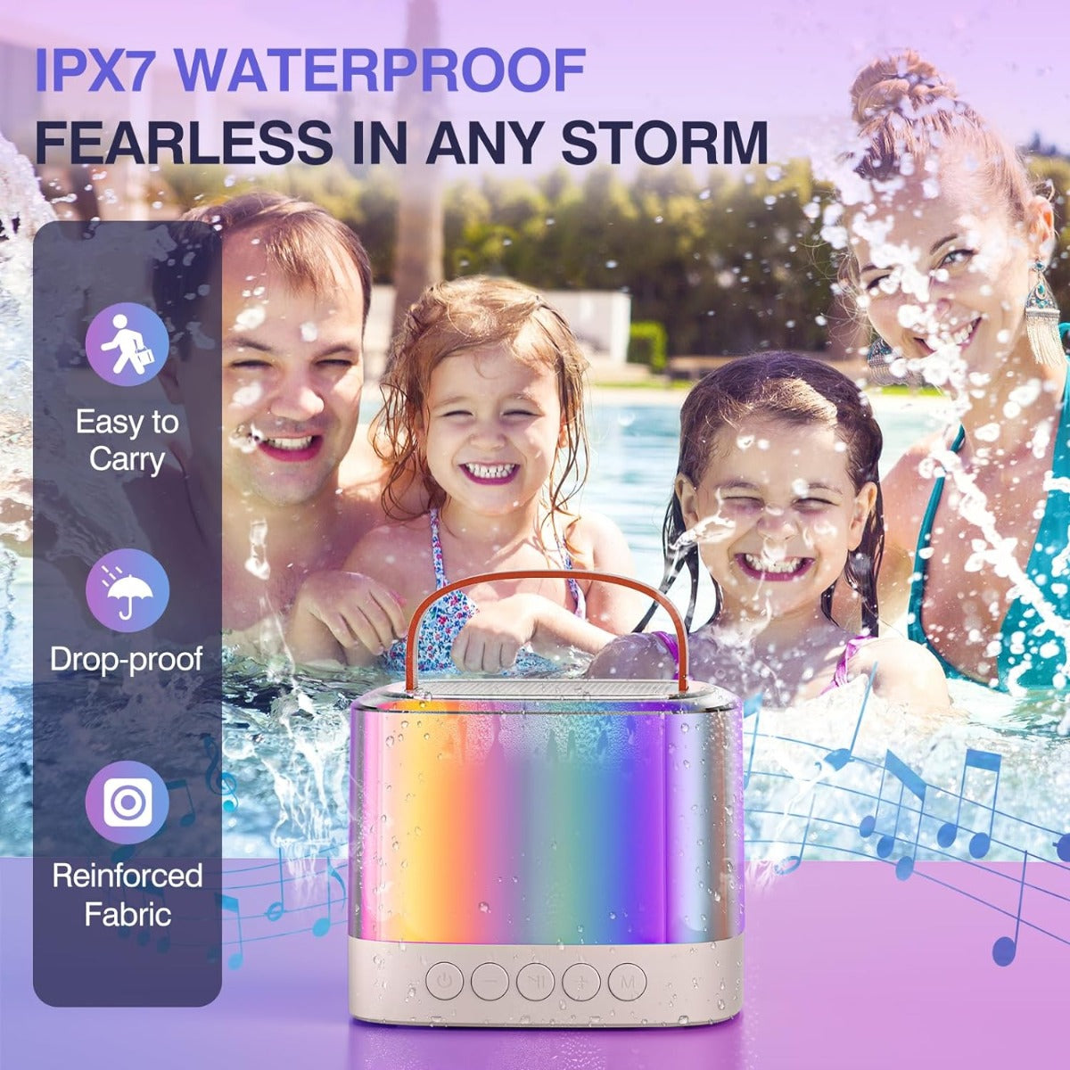 Altoparlante Bluetooth portatile multicolore con maniglia, rivestimento lucido e pulsanti frontali