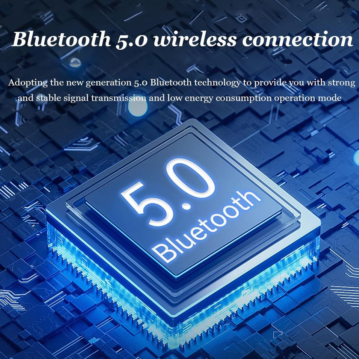 Modulo Bluetooth 5.0 con chip luminoso e testo «Bluetooth 5.0» su circuiti blu