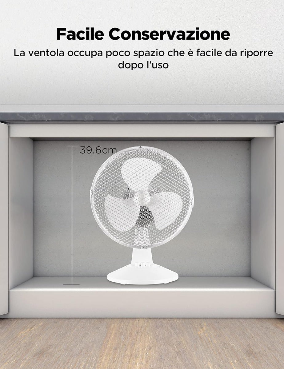 Ventilatore da tavolo bianco con griglia e pale, riposto in vano
