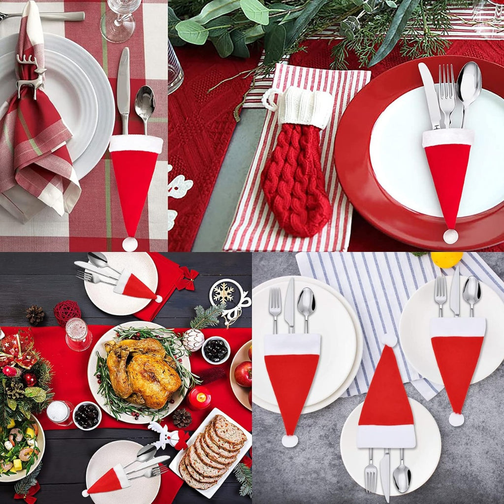 Set portaposate con mini cappelli Babbo Natale: rossi, bordo bianco, pon pon su posate.