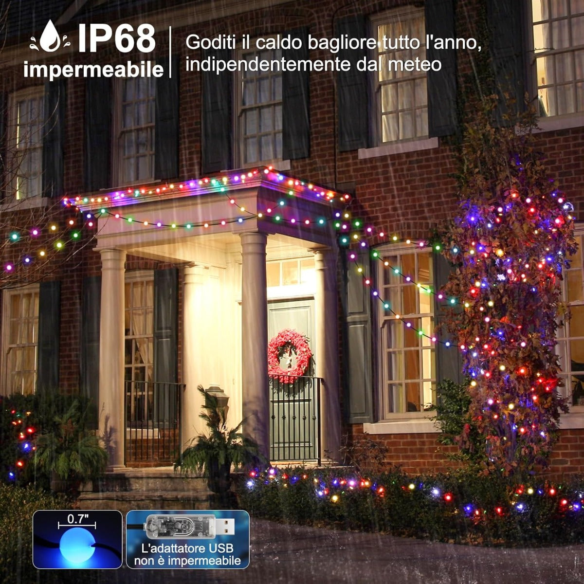 Stringa di luci LED impermeabili RGB multicolore per esterni, su decorazione