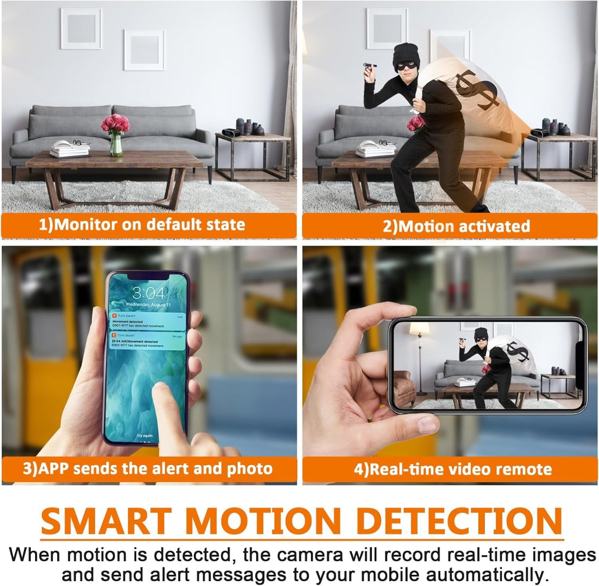 Telecamera spia a orologio WiFi con rilevamento movimento mostrato su smartphone