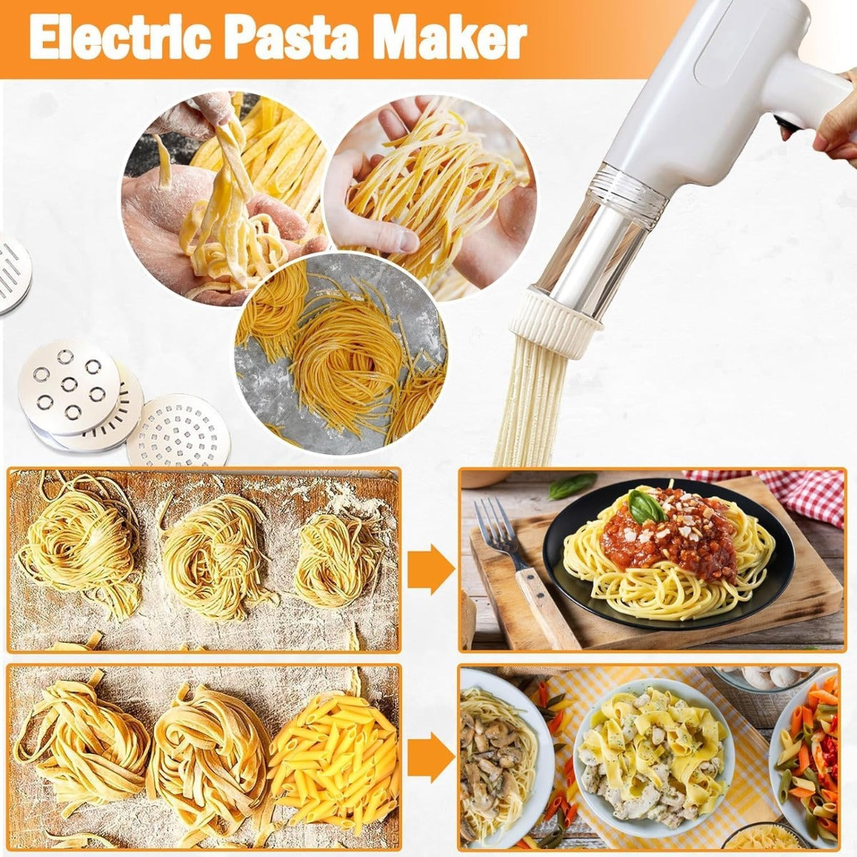 Macchina per pasta elettrica con attacco e tagliatelle gialle estruse dal cilindro
