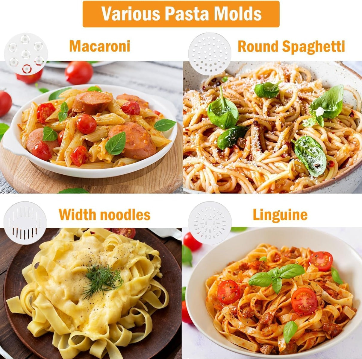Stampi per pasta intercambiabili: maccheroni, spaghetti tondi, linguine e noodles larghi