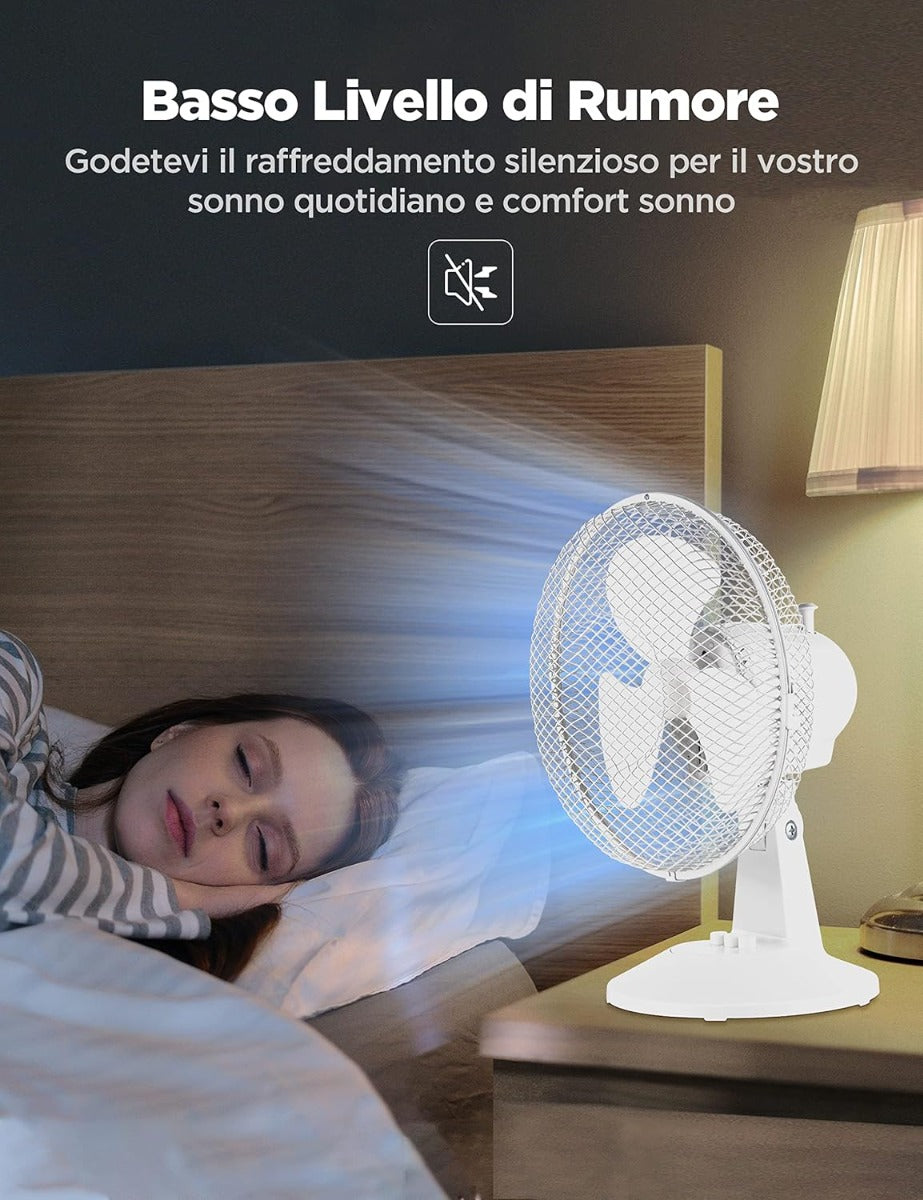 Ventilatore da tavolo bianco con flusso d’aria su superficie accanto al letto