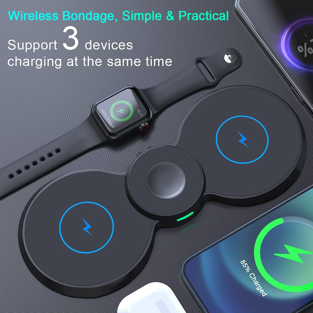 Supporto di ricarica wireless 3 in 1 nero con tre aree di ricarica