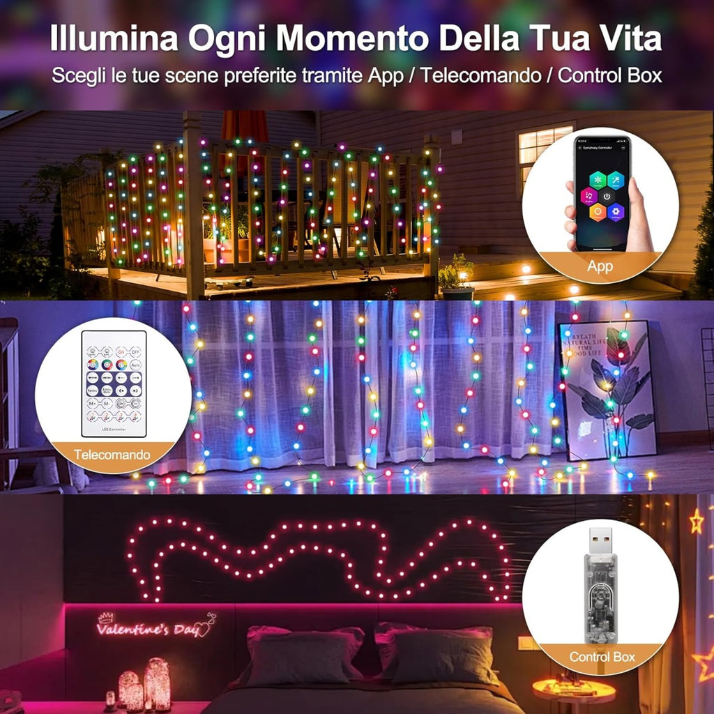 Catena di luci LED RGB con controllo via app, telecomando e control box