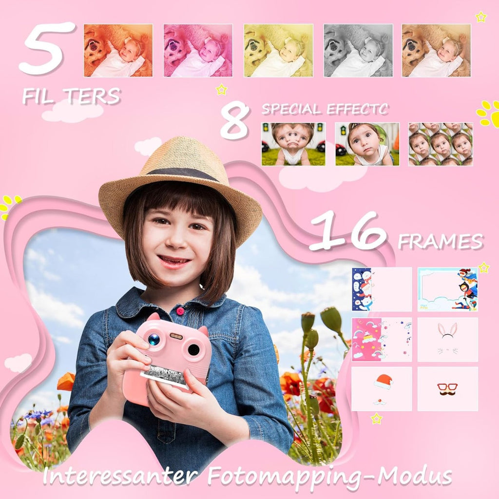 Fotocamera istantanea per bambini rosa a forma di gatto con schermo, tenuta in mano