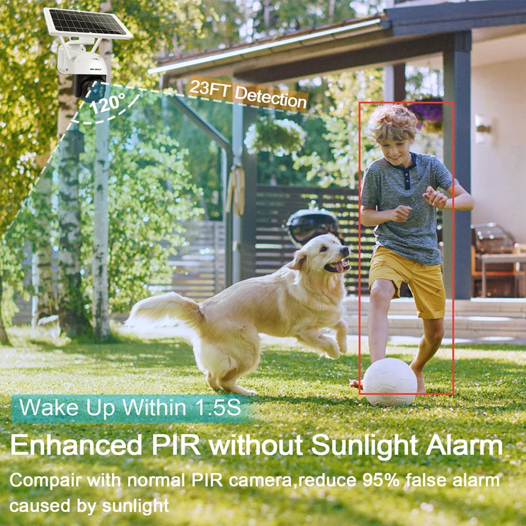 Telecamera solare wireless da esterno con pannello solare sul supporto, corpo bianco