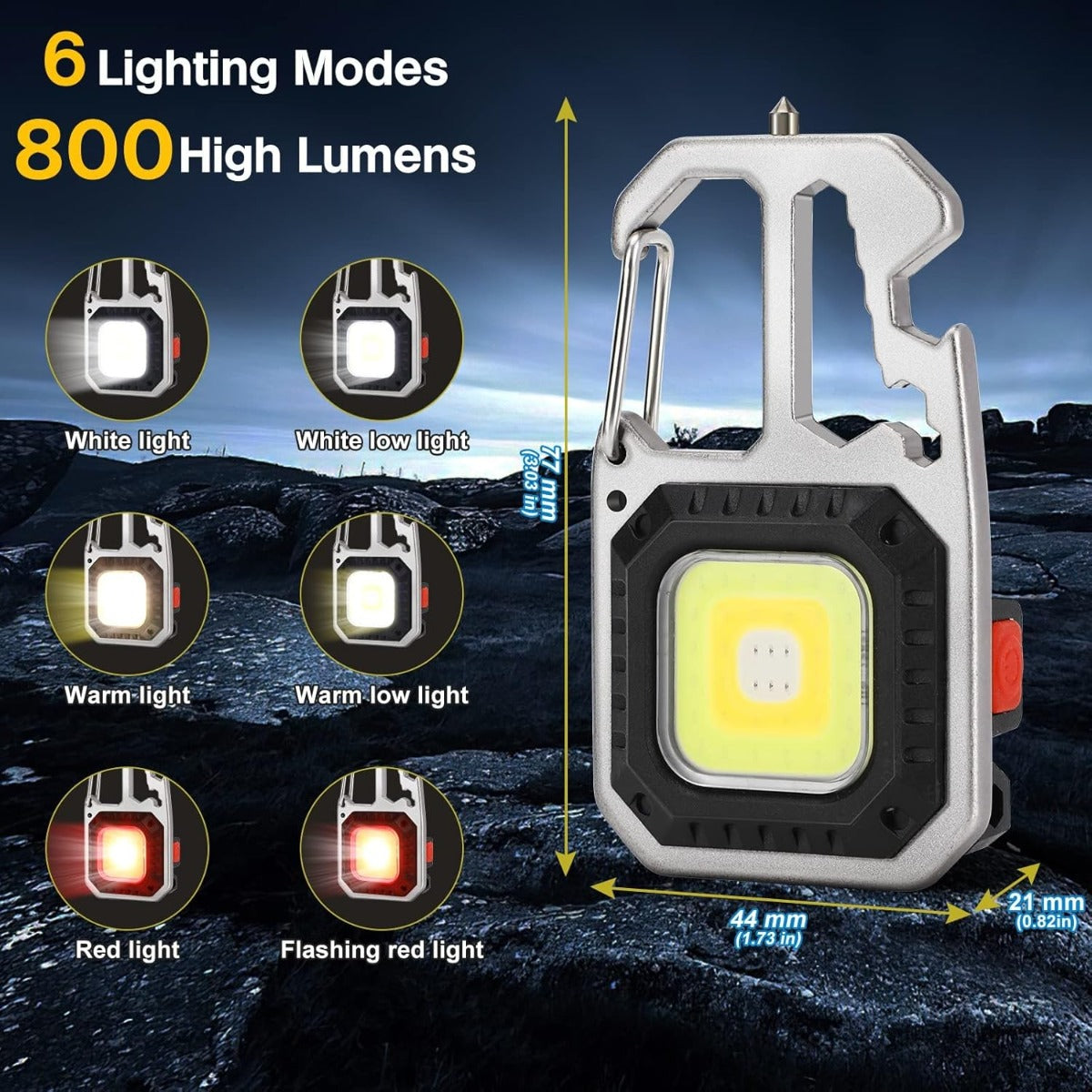 Torcia portachiavi mini COB LED frontale con luce giallo chiaro, corpo argento