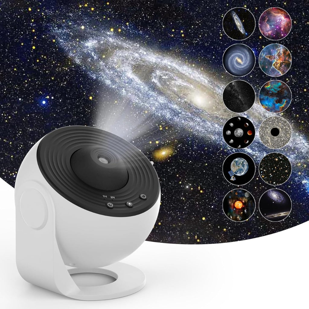 Proiettore planetario bianco con cupola nera e area di luce a stelle