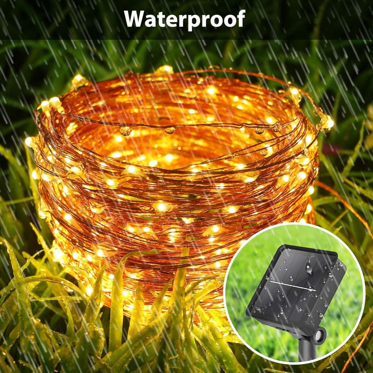 Catena luminosa solare con 100 LED bianchi caldi, luce accesa su bobina