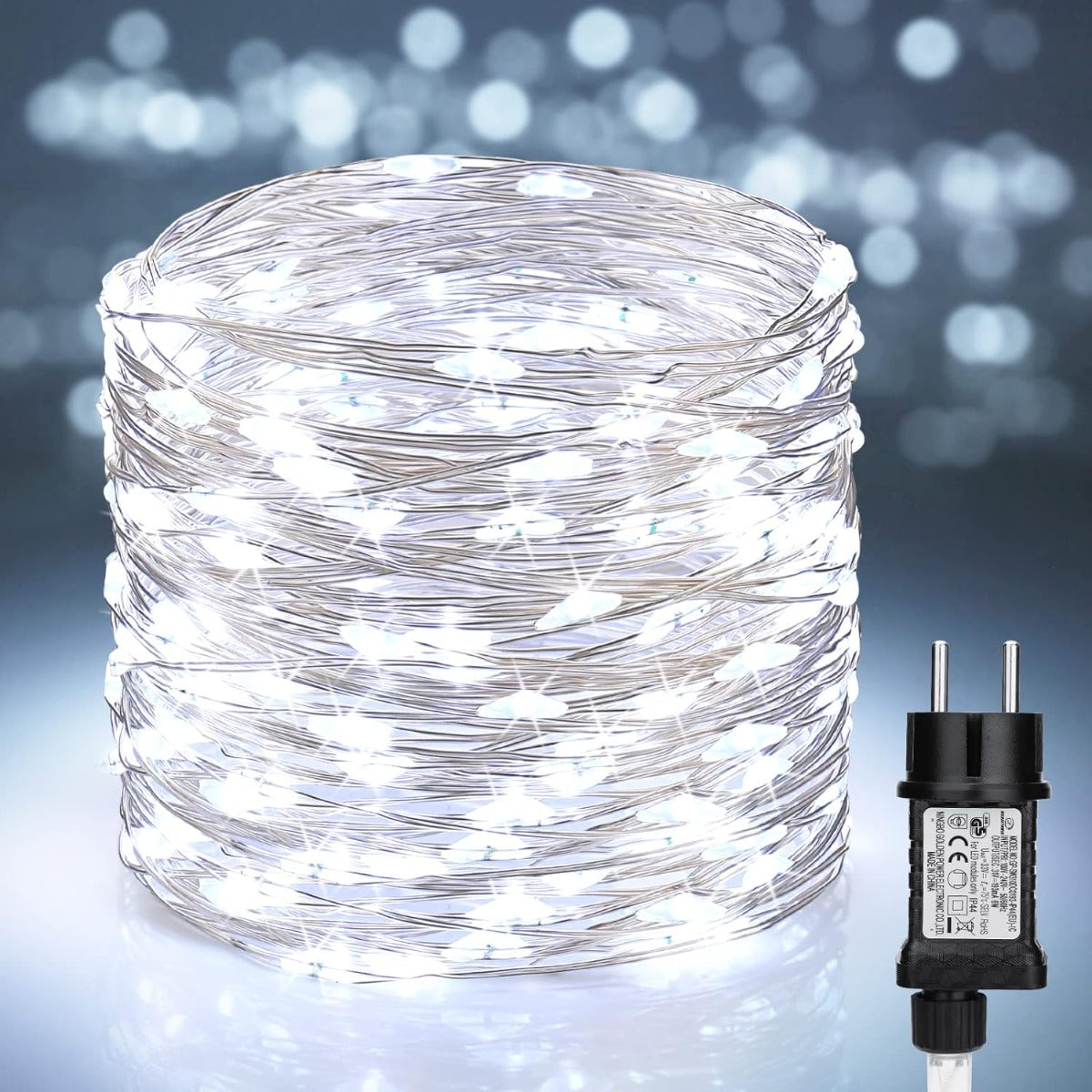 Corda di luci natalizie a filo con 300 LED bianchi e alimentatore a batteria