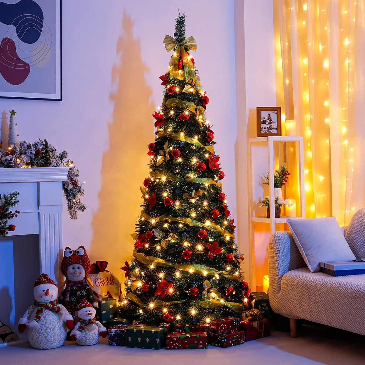 Albero di Natale pop-up alto 180 cm, luci LED calde, addobbi rosso e oro