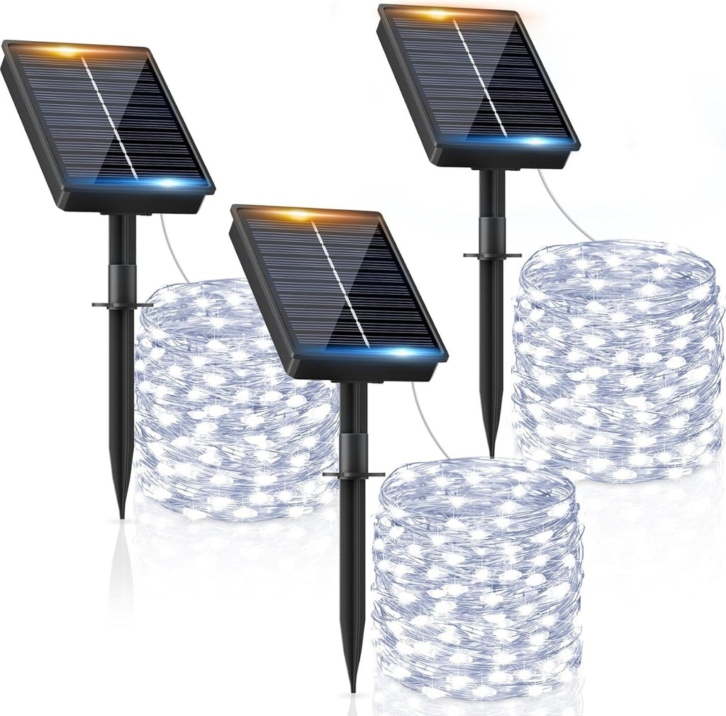 3 x Luci Solari da Esterno 10m – 100 LED Luce Bianca Fredda – 8 Modalità di Illuminazione – Impermeabili IP65 – Catena Luminosa per Giardino, Patio, Matrimonio, Feste