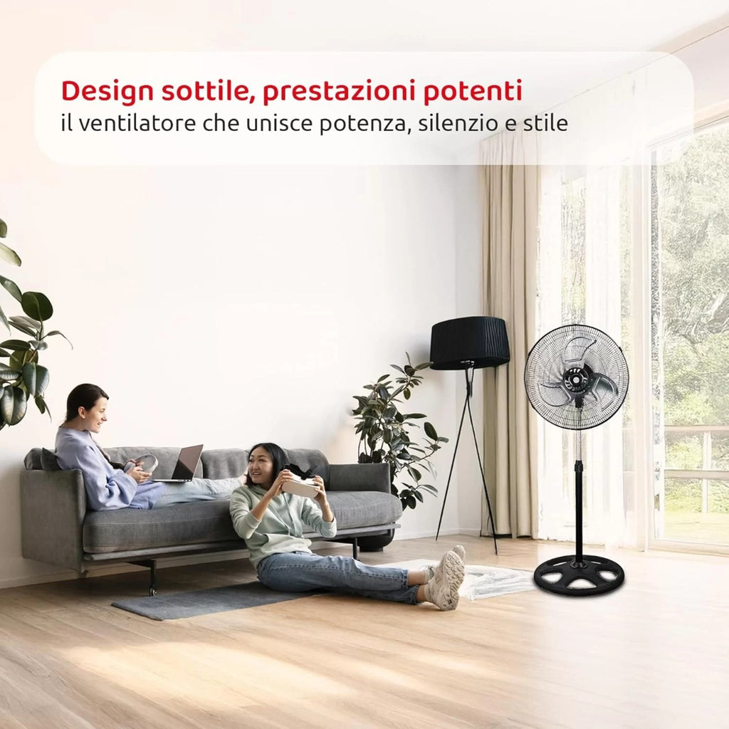Ventilatore nero su piantana con griglia circolare e base tonda