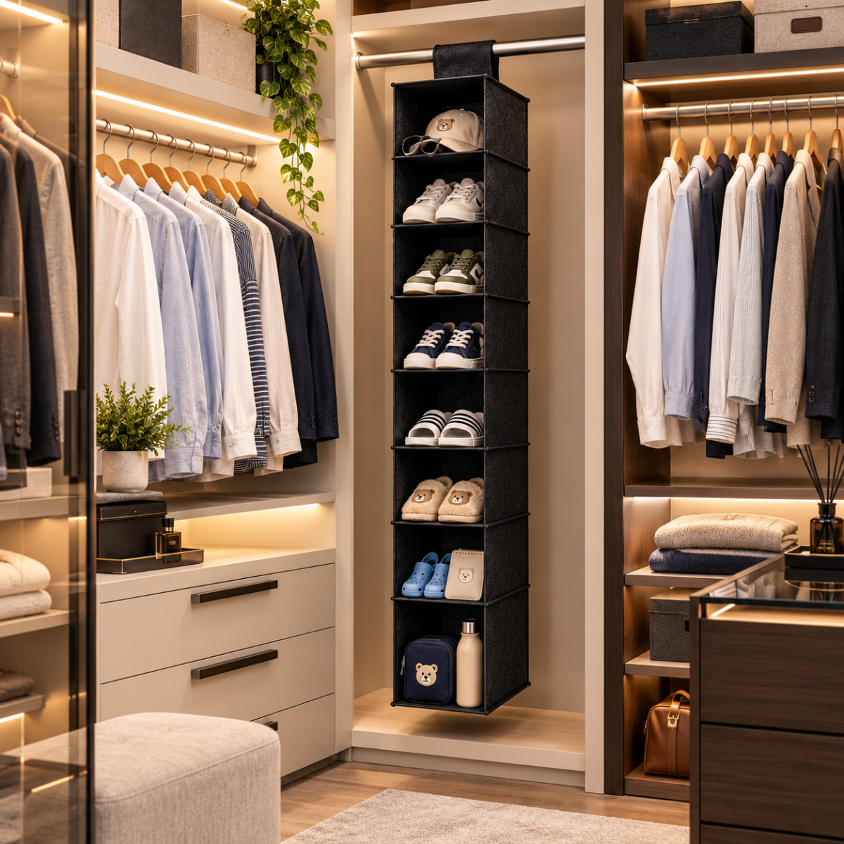 Organizer pensile da armadio in tessuto nero con ripiani e scomparti per scarpe.