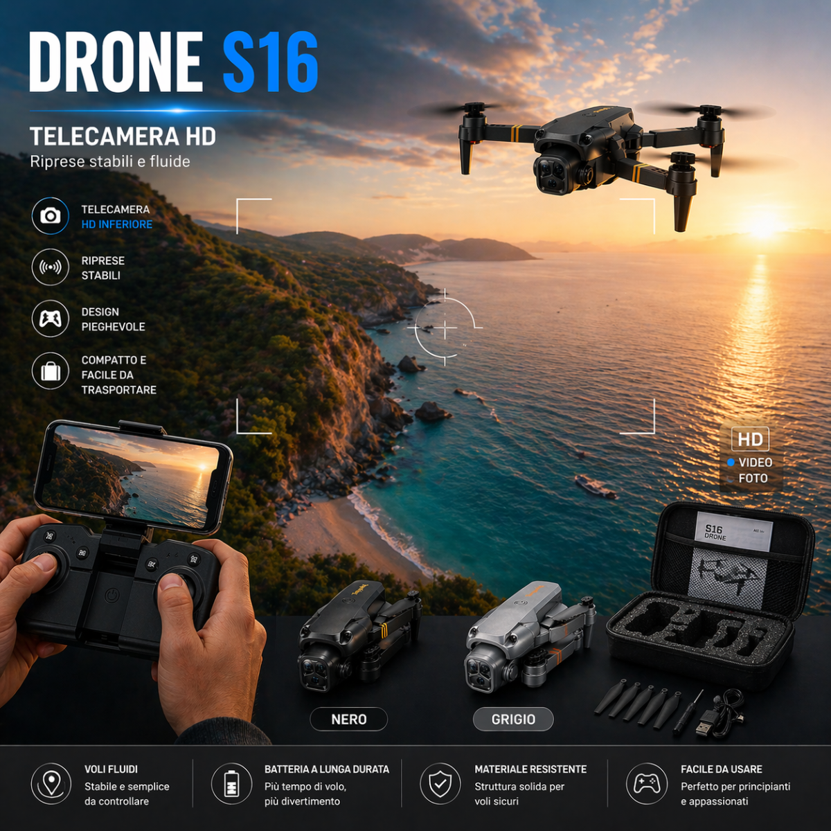 Mini drone pieghevole con telecamera HD nero e grigio, telecomando e custodia