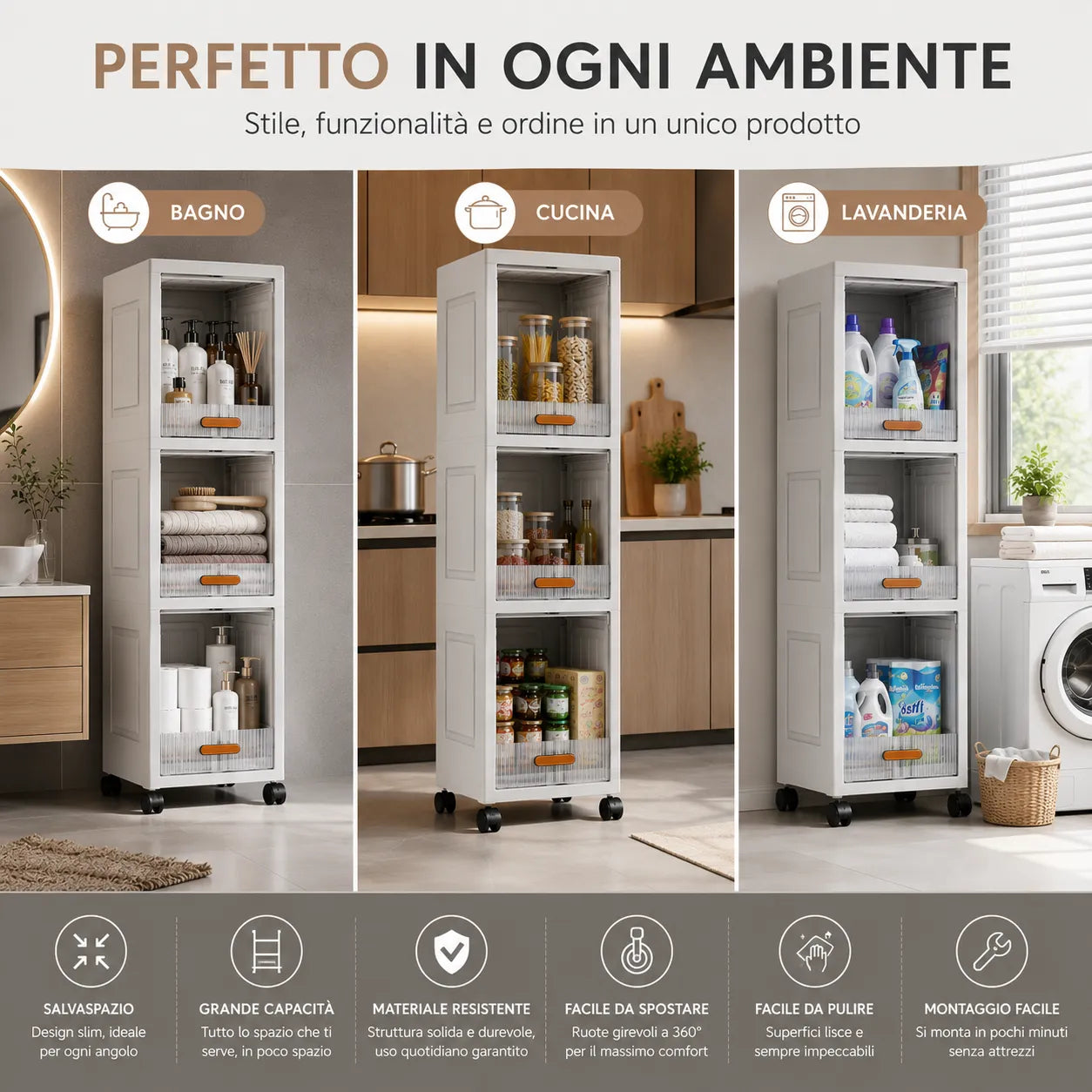 Armadio slim bianco con 3 ripiani su ruote 360°, in ambienti diversi