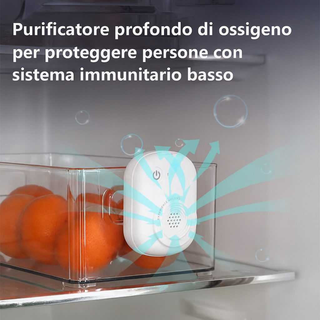 Mini purificatore d’aria per frigorifero bianco con griglia, bolle luminose intorno