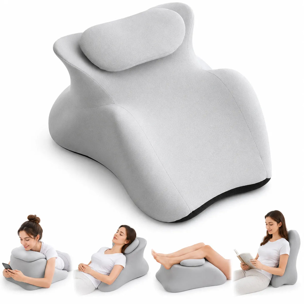 Cuscino ergonomico sagomato grigio con poggiatesta removibile e base antiscivolo
