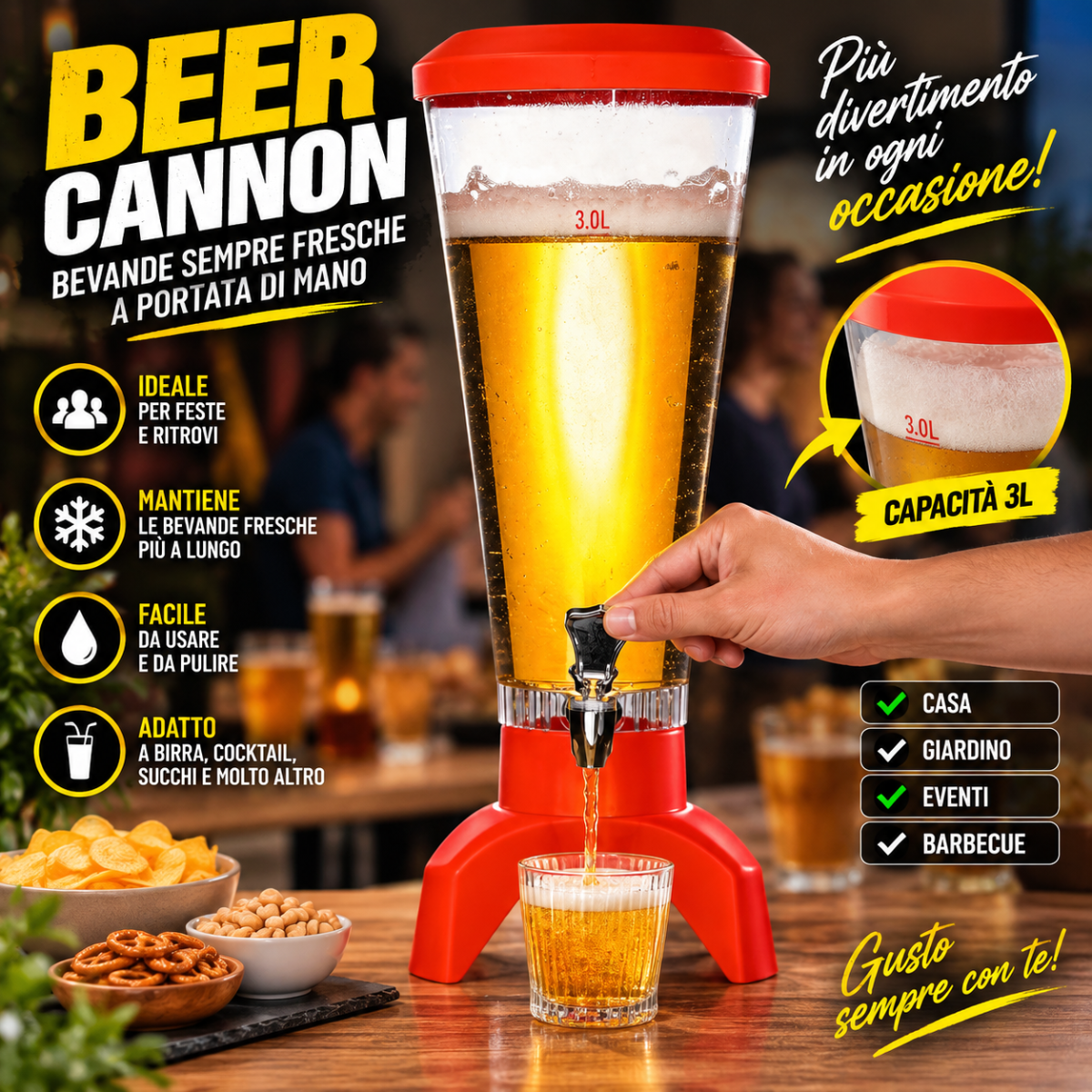 Dispenser birra a torre con base rossa, serbatoio trasparente e rubinetto a leva