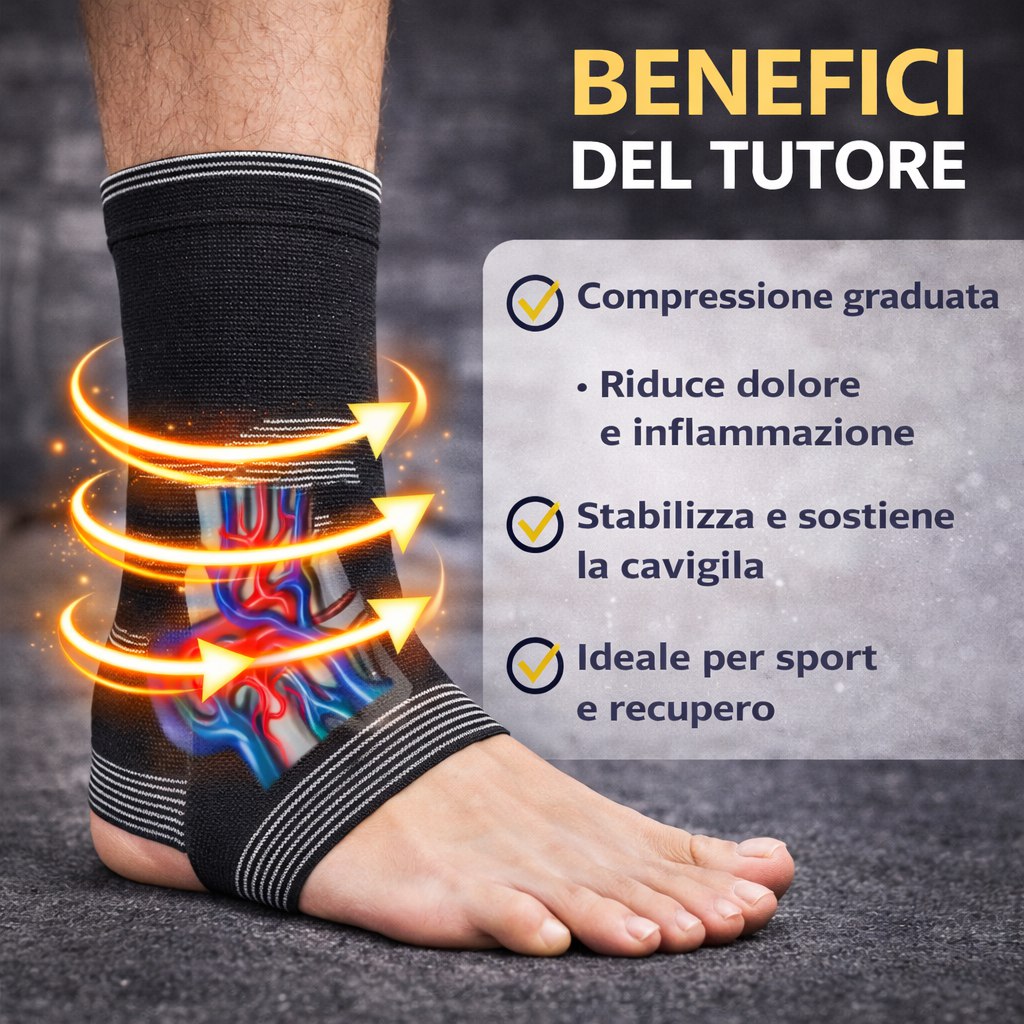 Cavigliera nera compressiva con motivo a fasce bianche e supporto al tallone