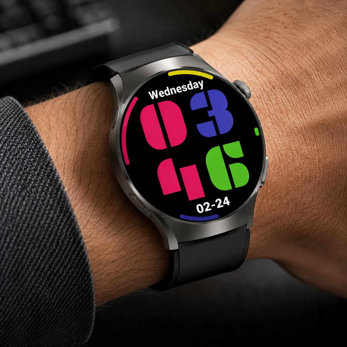 Smartwatch uomo nero con display circolare colorato, quadrante “Wednesday” e data