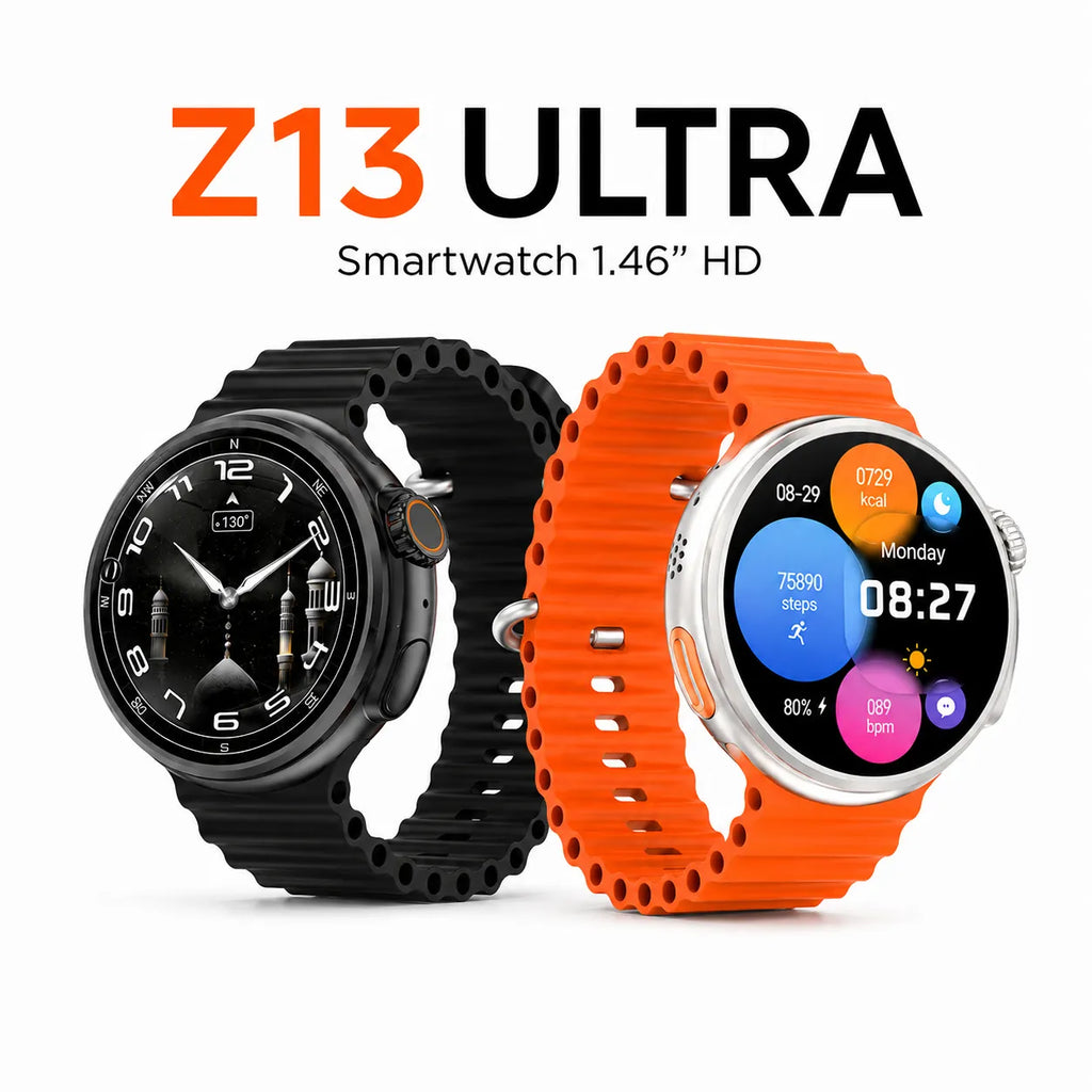 Smartwatch con cinturino nero e arancione, quadrante circolare HD