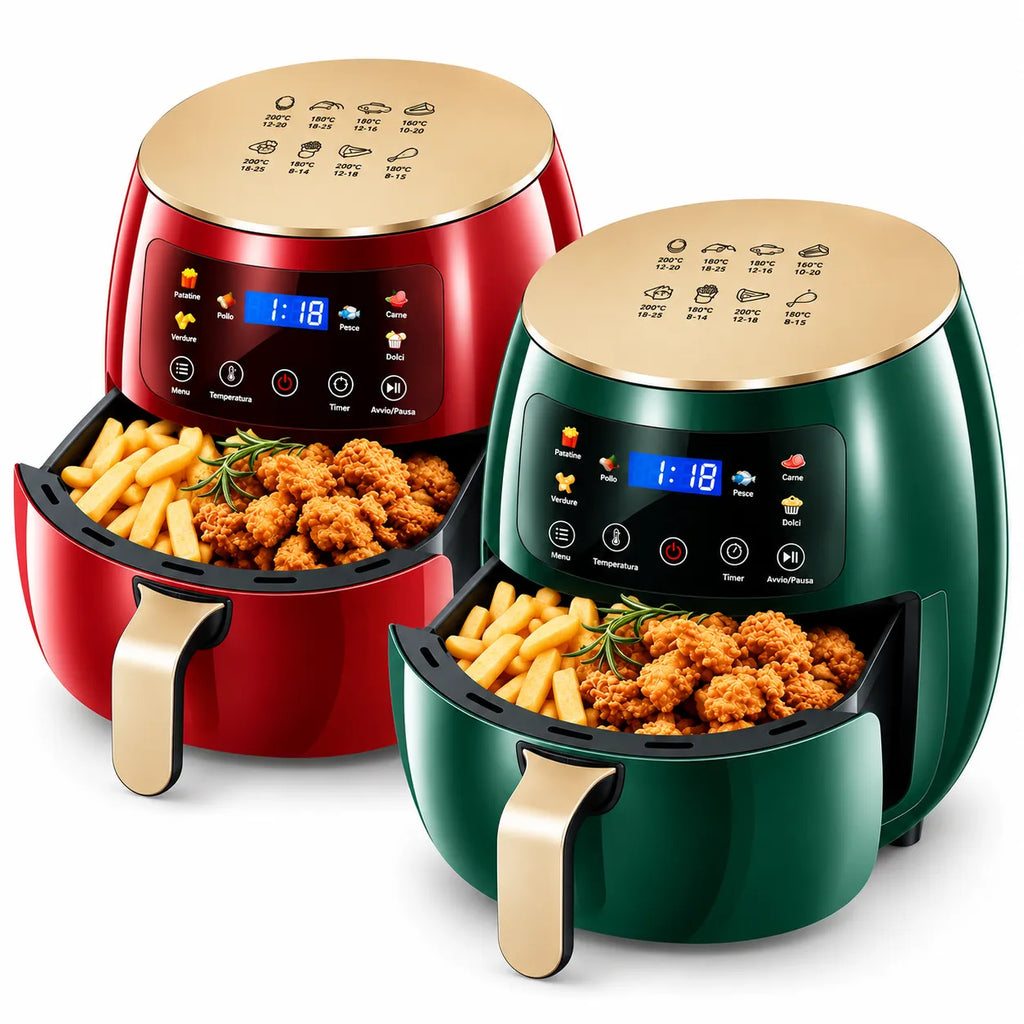 Set friggitrice ad aria 8L: rossa e verde, display LED touch, cestello antiaderente