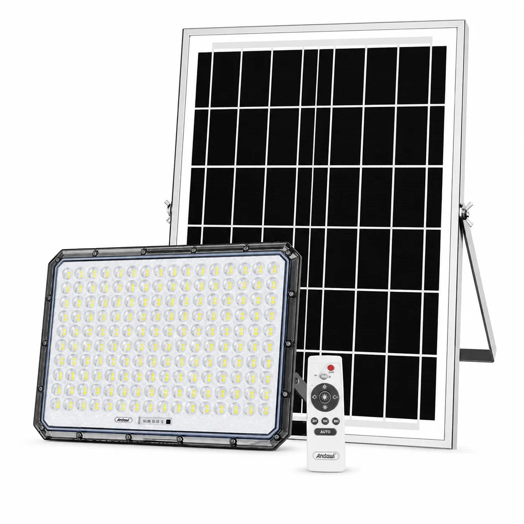 Faro LED solare con pannello fotovoltaico e telecomando, luce bianca, corpo nero