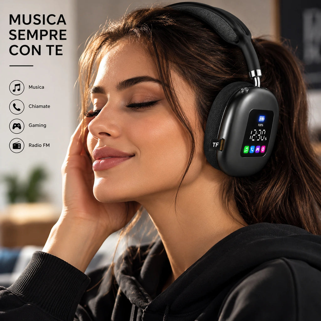 Cuffie wireless over-ear nere con display LED acceso sul pad