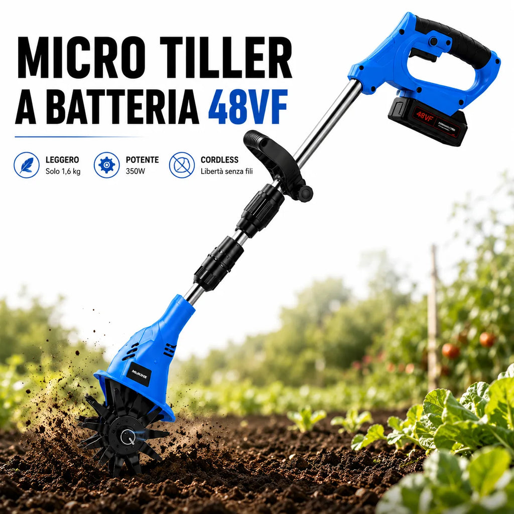 Micro coltivatore a batteria blu e nero, asta allungata, impastatore rotante a terra
