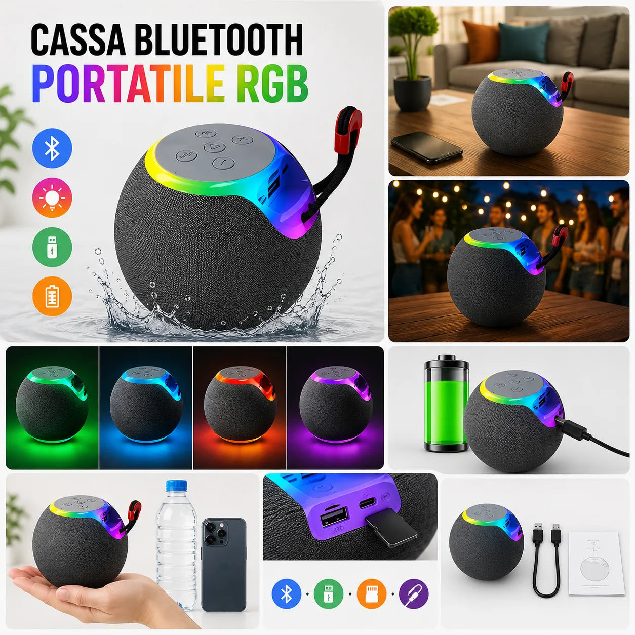 Cassa Bluetooth portatile grigia con luci RGB multicolore e connettore rosso