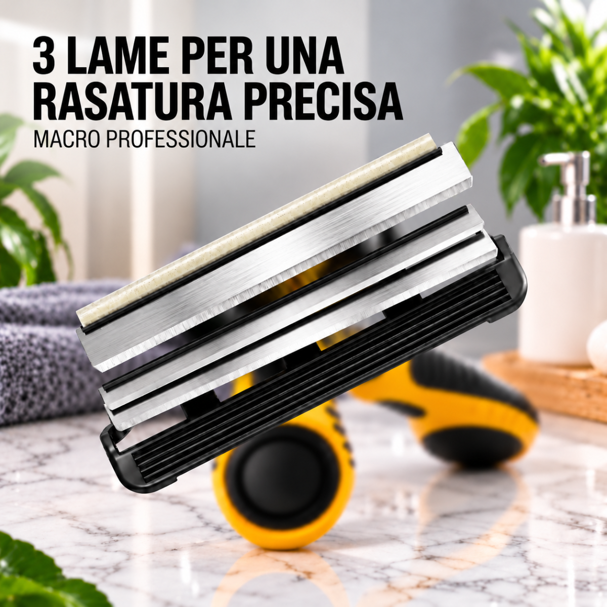 Testina del rasoio con tre lame e barra di scorrimento, impugnatura gialla e nera