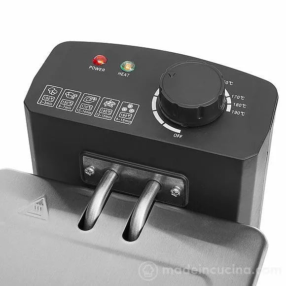 Friggitrice elettrica con manopola per il controllo della temperatura e spie luminose