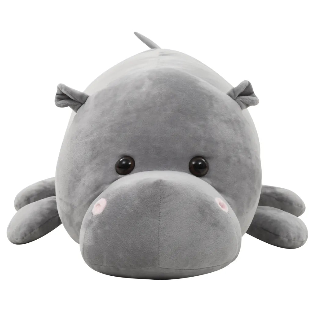 Peluche ippopotamo grigio con muso e occhi tondi, zampe laterali.