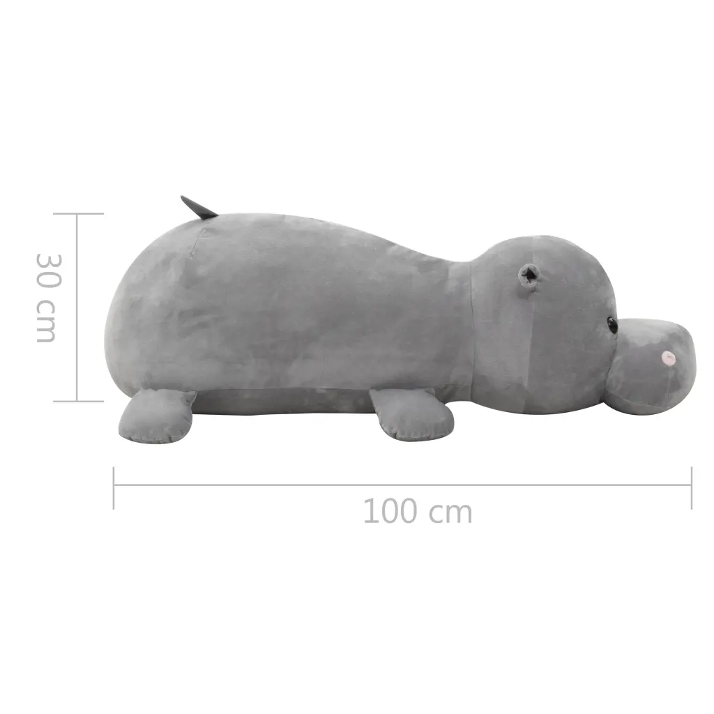 Peluche ippopotamo grigio con misure: 100 cm x 30 cm.