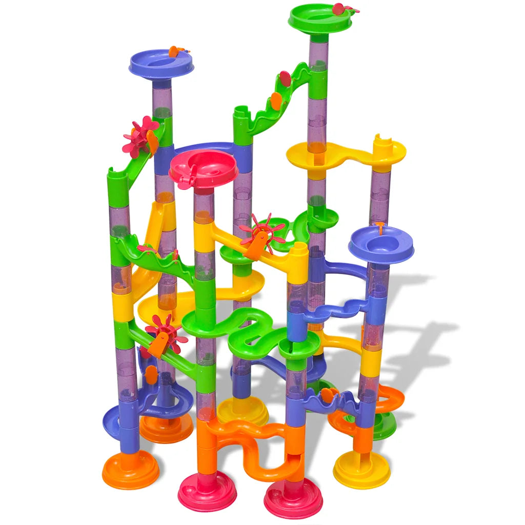 Pista per biglie per bambini con tubi colorati e supporti a base rotonda
