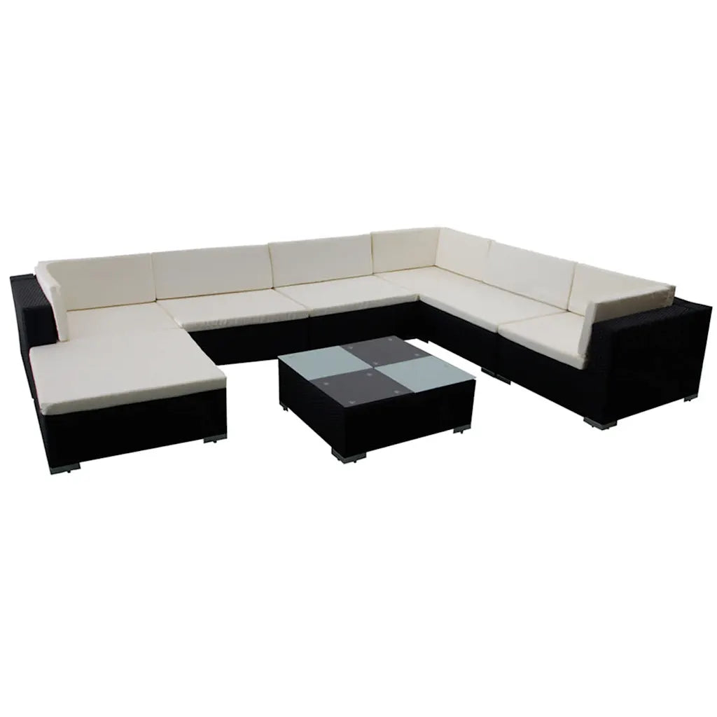 Set divano da giardino angolare con polyrattan nero e schienali con cuscini bianchi