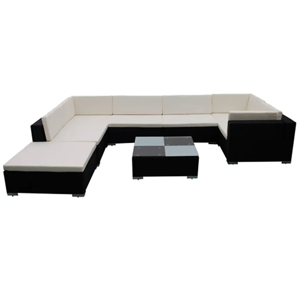 Divano angolare con chaise e tavolino centrale grigio, polyrattan nero, cuscini bianchi