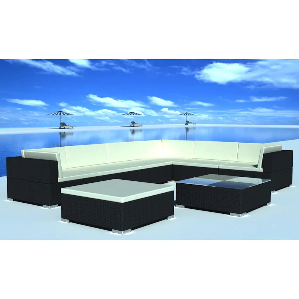 Set divano angolare da giardino in polyrattan nero con cuscini bianchi e tavolino grigio