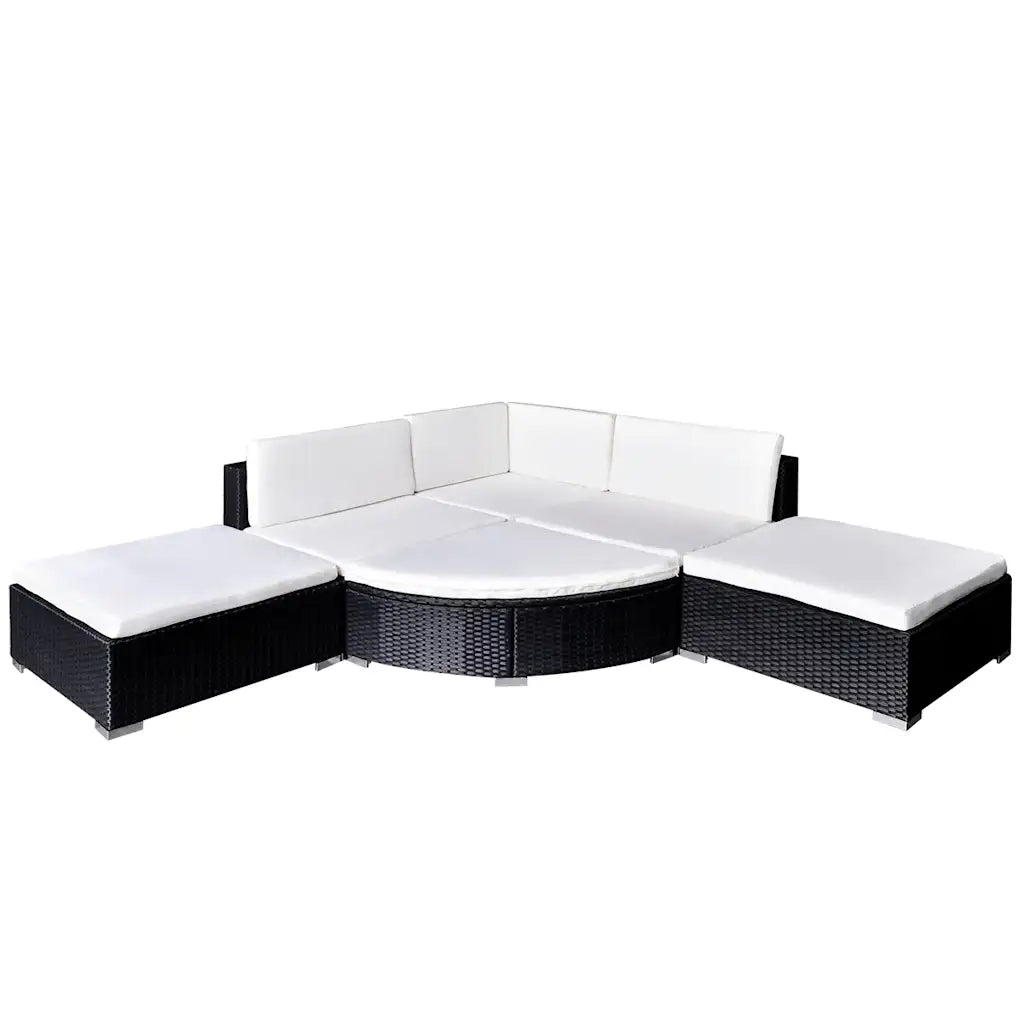 Set mobili da giardino in polyrattan nero: divano angolare con 6 cuscini bianchi