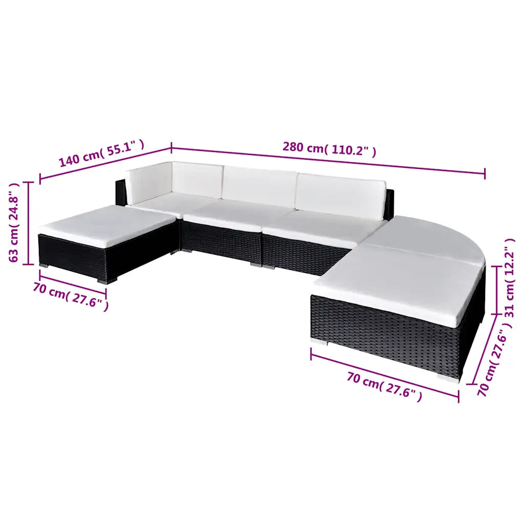 Divano angolare in polyrattan nero con cuscini bianchi, misure indicate in cm