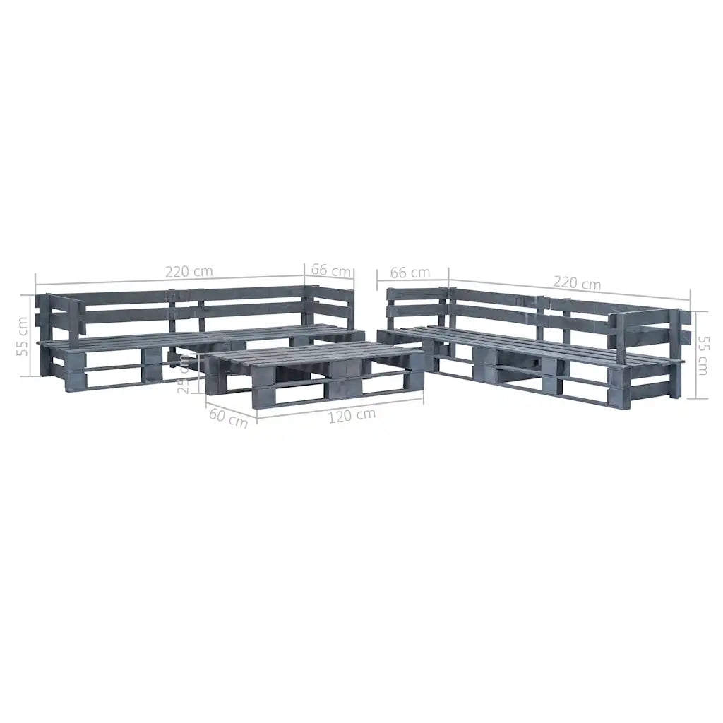Set mobili da giardino in legno di pallet grigio con tavolino e panche modulari