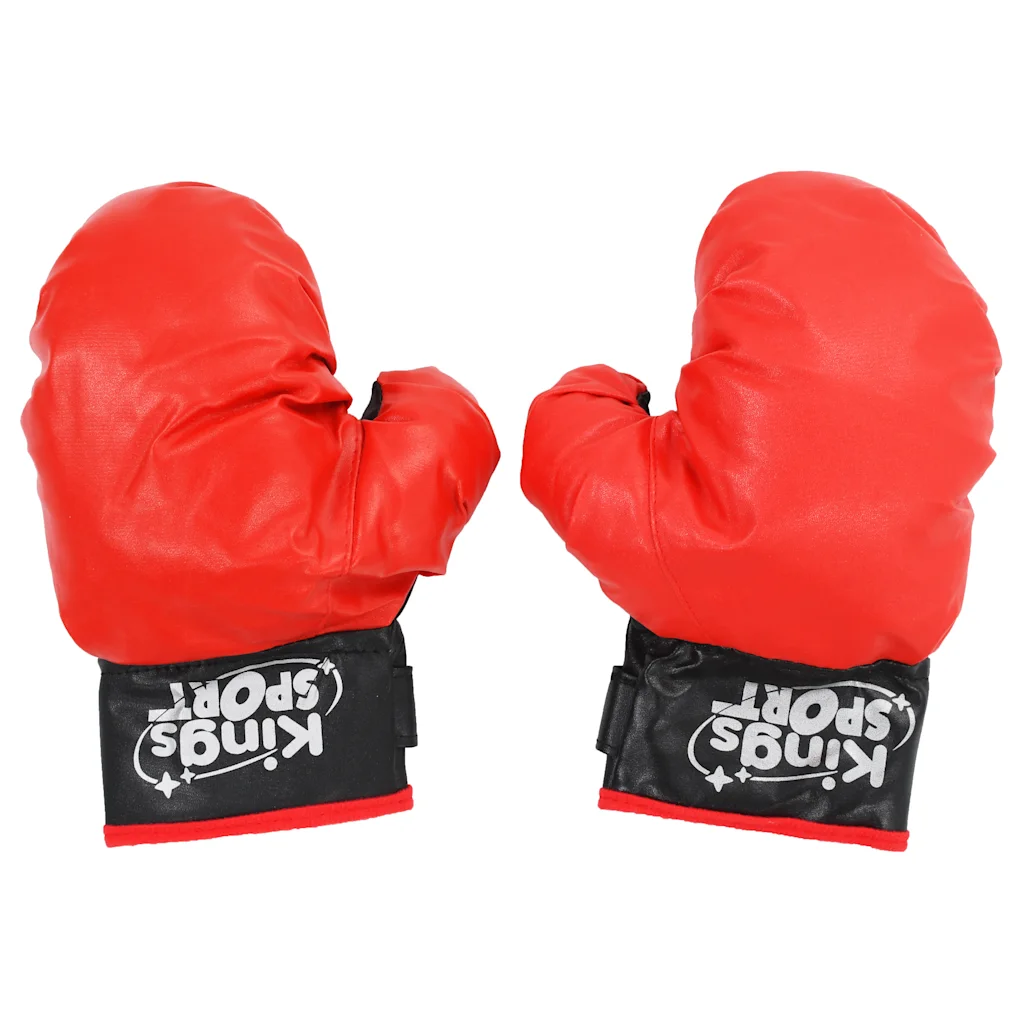 Guantoni da boxe rossi con fasce nere e scritta bianca, paio per bambini