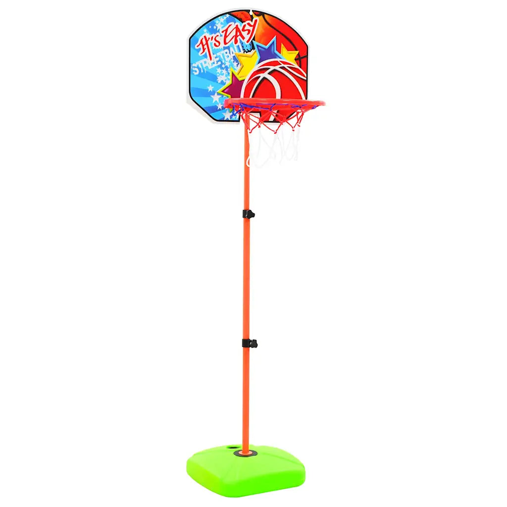 Set da pallacanestro per bambini con canestro e tabellone su supporto arancione.