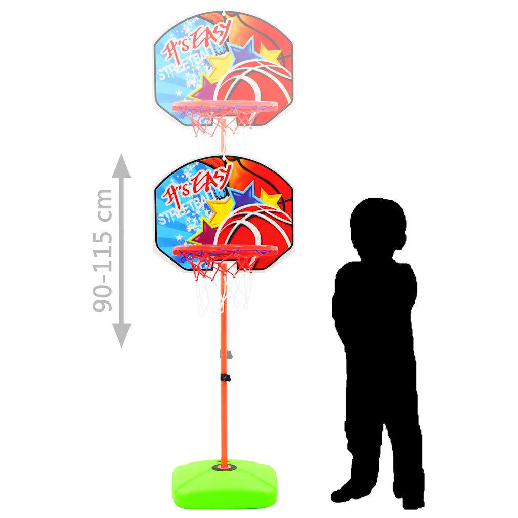 Set da pallacanestro per bambini con canestro su supporto arancione, h 90–115 cm.