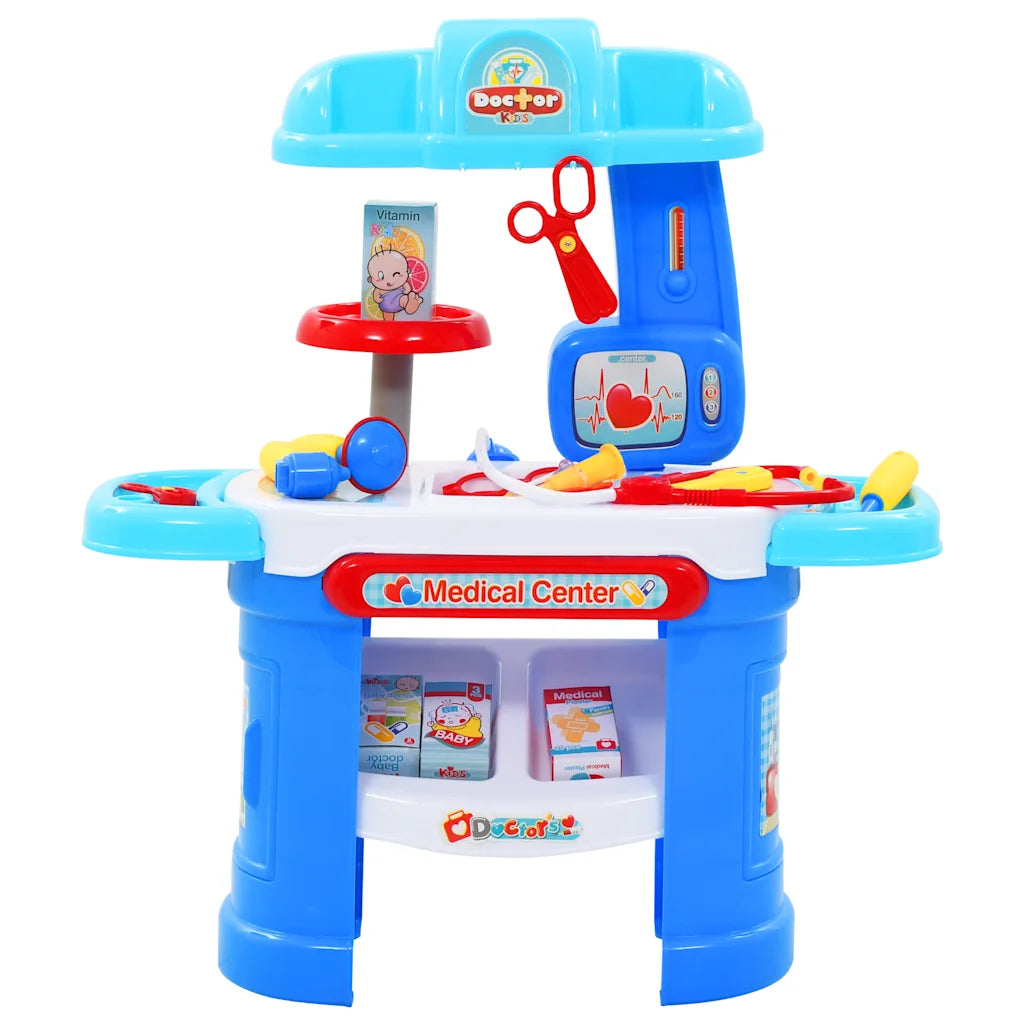 Banco gioco medico per bambini blu con accessori rossi e strumenti medici
