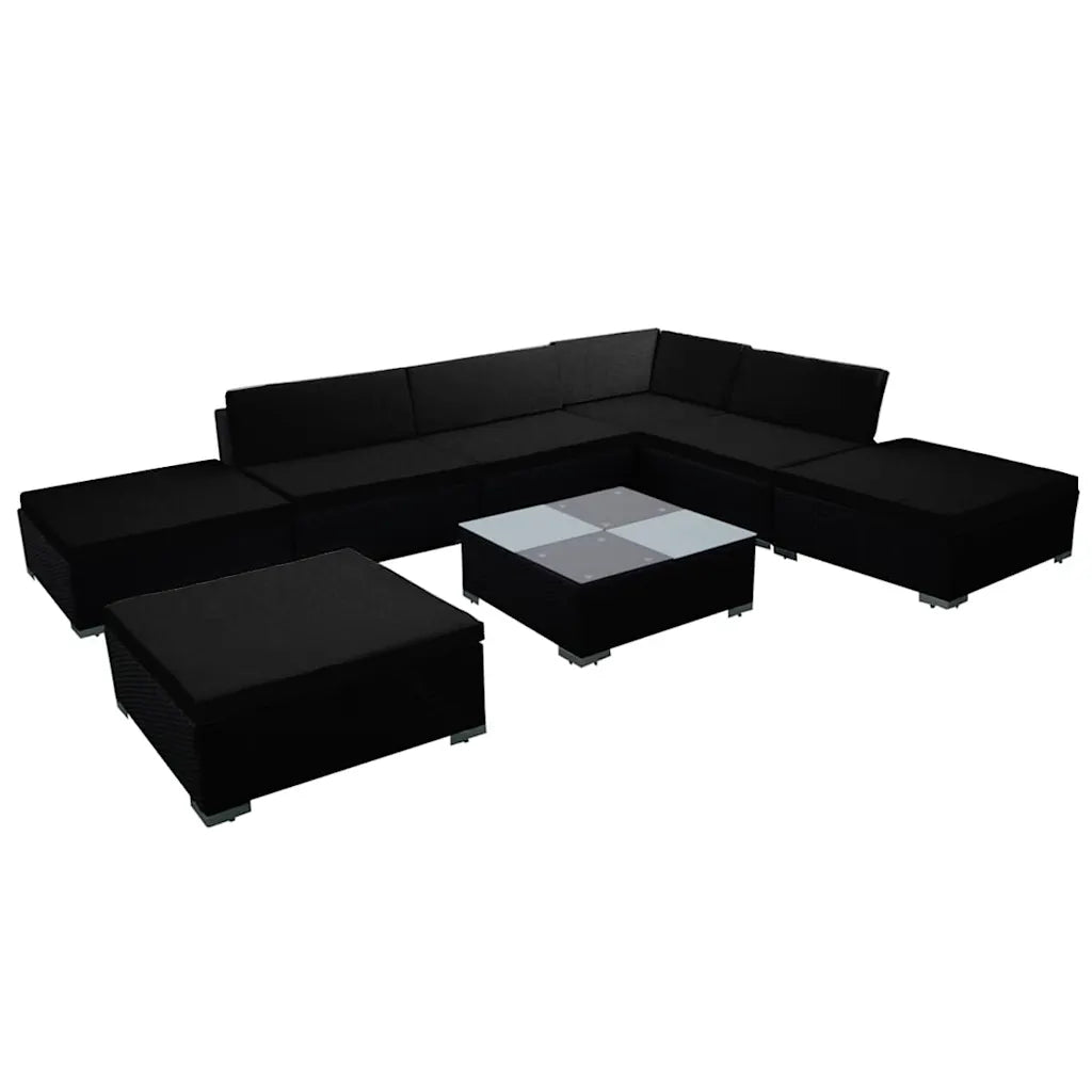 Set salotto da esterno nero con divano angolare, panche e tavolino quadrato
